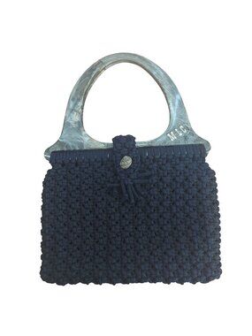 Macrame Crochet Handbag Tote Navy Blue Gray Lucite Top Handles Shell Toggle Vtg